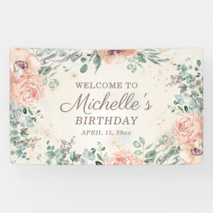 Rosa Blumen Grünes Blattwerk Gold Glitter Geburtst Banner