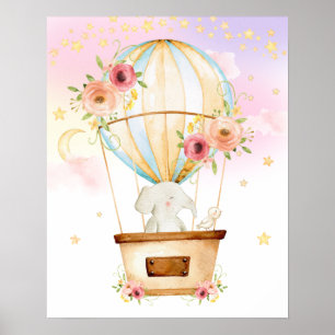 Rosa Blumen‑Heißluftballon‑Elefantenabenteuer Poster