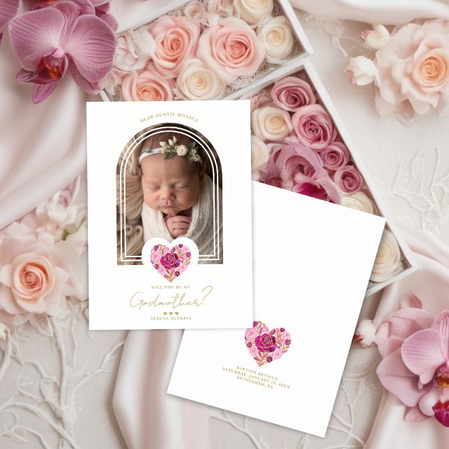 Rosa Blumen Herz Paten Antrag Design (Romantic Pink Floral Heart with Gold Effect Godparents Baptism Proposal Card Design )