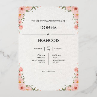 Rosa Blumen-Hochzeitseinladungsvorlage mit Errötun Folieneinladung