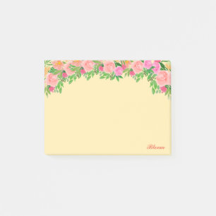 Rosa Blumen & Kalligrafie auf hellgelb Post-it Klebezettel
