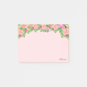 Rosa Blumen & Kalligrafie auf hellrosa Post-it Klebezettel