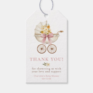 Rosa Blumen-Kinderwagen Danke Babyparty Geschenkanhänger