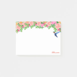 Rosa Blumen, Kolibri und Kalligrafie auf Weiß Post-it Klebezettel