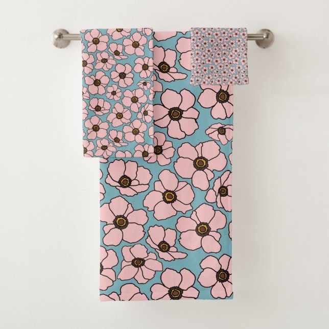 Rosa Blumen mit Blau Badhandtuch Set (Insitu)