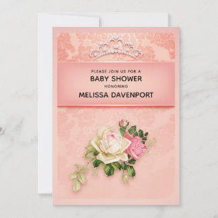 Rosa Blumen mit Diamantendiadem Elegante Babyparty Einladung