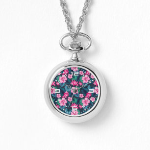 Rosa Blumen mit grünen Blättern Muster-79066 Armbanduhr