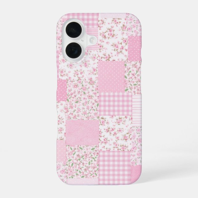 Rosa Blumen-Patchwork-Handyhülle iPhone 16 Hülle (Rückseite)