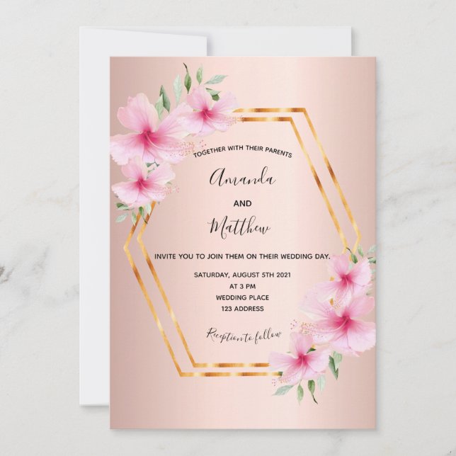 Rosa Blumen Rose geometrische Hochzeit Einladung (Vorderseite)