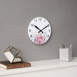 Rosa Blumen Rose Weiß elegant Runde Wanduhr
