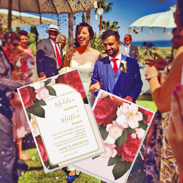 Rosa Blumen Rotes Gold Hochzeit Einladung (Von Creator hochgeladen)