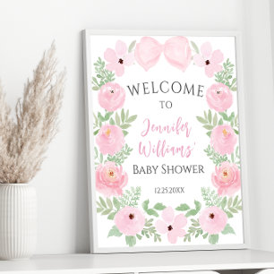 Rosa Blumen-Schleife Baby-Party-Willkommensschild Poster