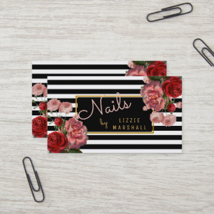 Rosa Blumen  Schwarz-weißer Streifen-NagelTech Visitenkarte