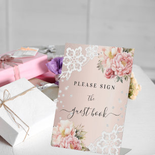 Rosa Blumen Spitze Gästebuchschild Sockelschild
