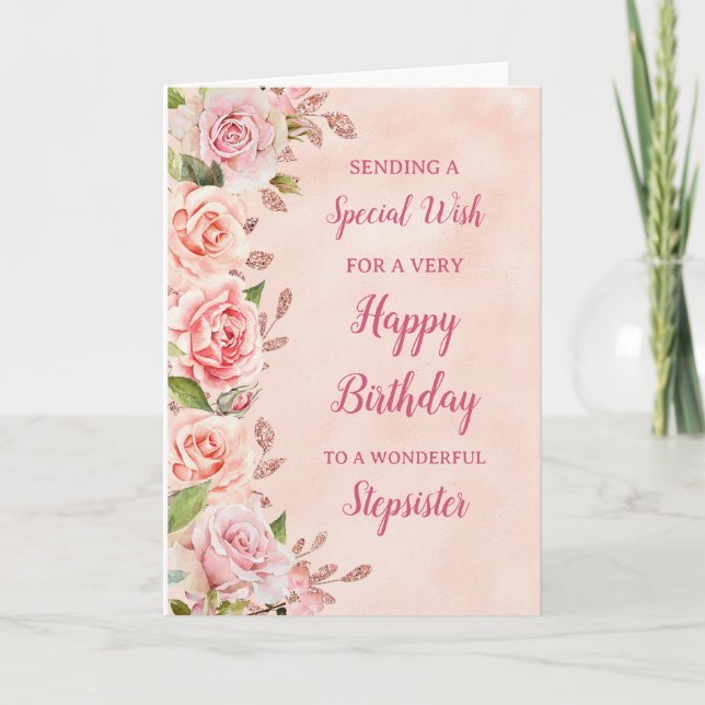 Rosa Blumen Stepsister Birthday Card Karte (Vorderseite)