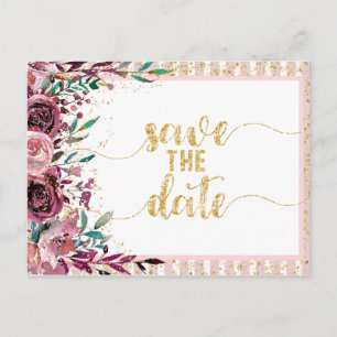 Rosa Blumen Streifen & Gold Hochzeit Save the Date Ankündigungspostkarte