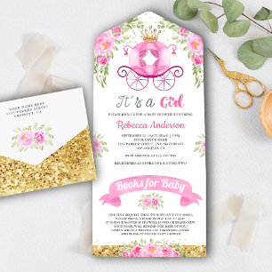 Rosa Blumen Süße Prinzessinnen-Kutsche Baby Shower All In One Einladung