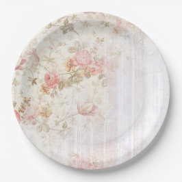 Rosa Blumen- u. hölzernes Shabby Chic-Papierplatte Pappteller