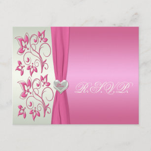 Rosa Blumen- und blasses es-grün mit Liebe-Herz Einladung