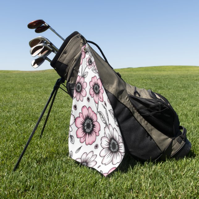 Rosa Blumen- und Blätter-Skizzendesign Golfhandtuch (Gras)
