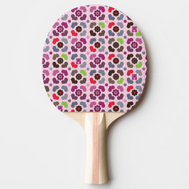rosa Blumen- und Eulenmuster Tischtennis Schläger (Vorderseite)