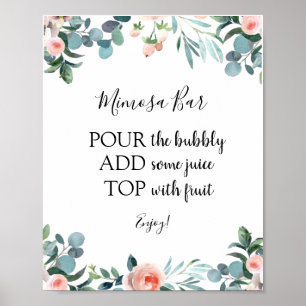 Rosa Blumen und Grün Mimosa-Bar-Getränke-Schild Poster