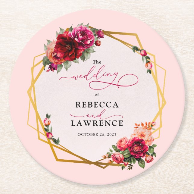 Rosa Blumen und Imitate Goldhochzeit Runder Pappuntersetzer (Vorderseite)