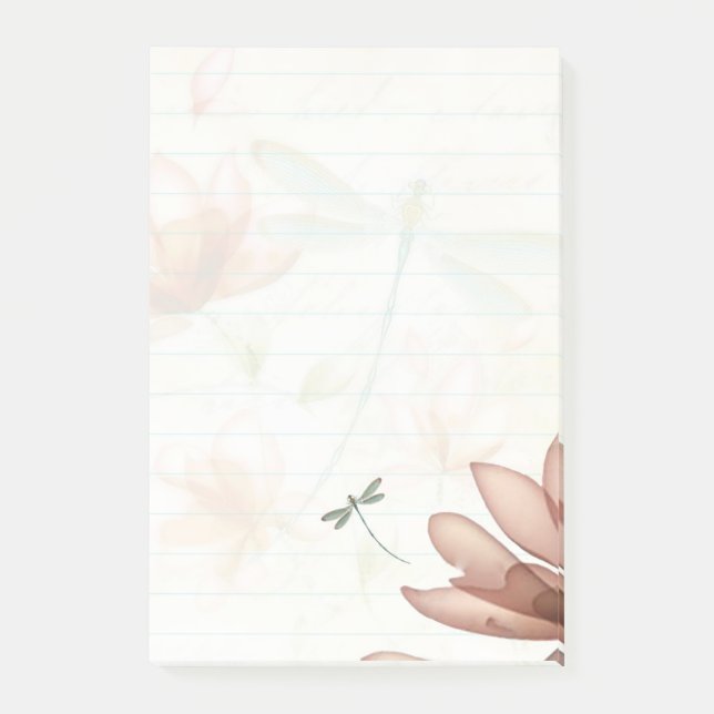 Rosa Blumen und Libelle Post-it Klebezettel (Vorderseite)