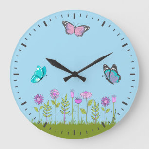 Rosa Blumen und Schmetterling All-Over Druck Große Wanduhr