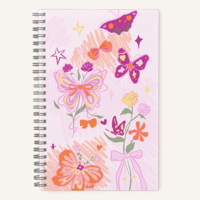 Rosa Blumen und Schmetterlinge Notizbuch (Vorderseite)