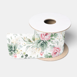Rosa Blumen und Sukkulenten Grün elegantes Boho Satinband