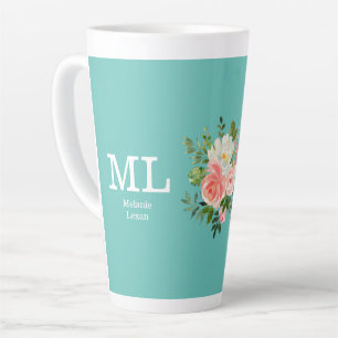 Rosa Blumen und Türkises Monogramm Milchtasse
