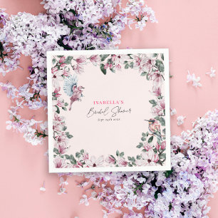 Rosa Blumen & Vögel Elegantes Brautparty Serviette