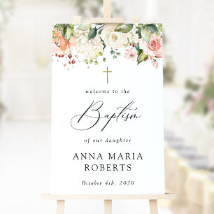 Rosa Blumen, Weiße Blumen, Boho, Taufe Willkommen Poster