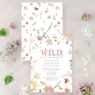 Rosa Blumen Wilde & Wundervolle Mädchen 1. Geburts Einladung