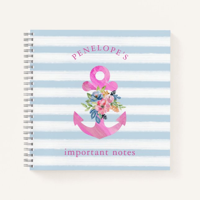 Rosa Blumenanker | Trendy Blue Stripes Notizbuch (Vorderseite)