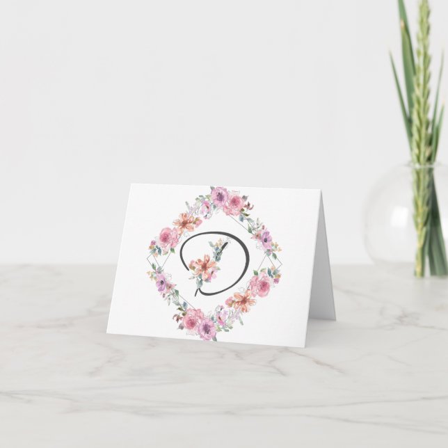 Rosa Blumenanmerkungs-Karte des Kranz-Buchstabe-D Karte (Vorderseite)