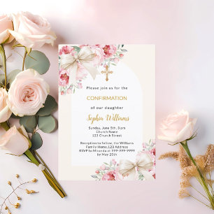 Rosa Blumenband Bogen Beige Konfirmation Einladung