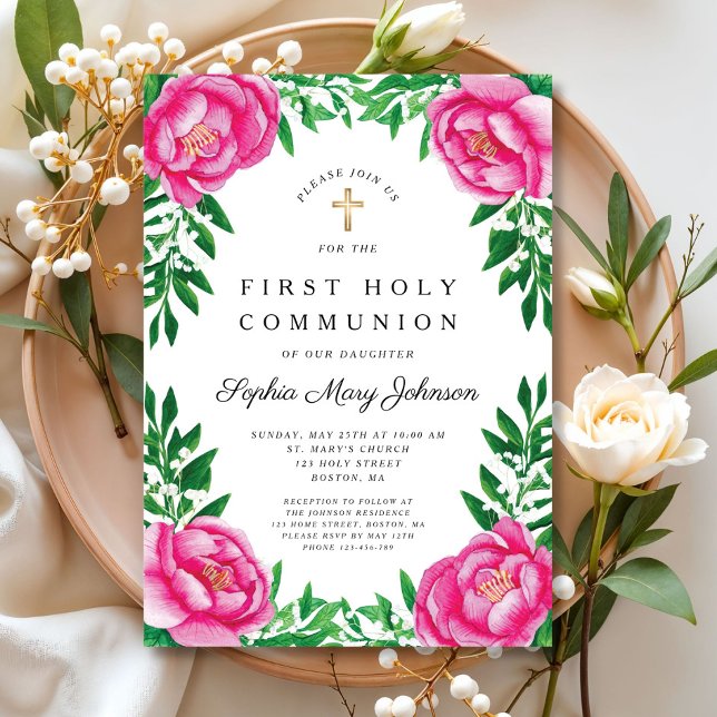 Rosa Blumenbäume Religiöse Erste Kommune Einladung (Pink Floral Peonies Religious First Communion Invitation)
