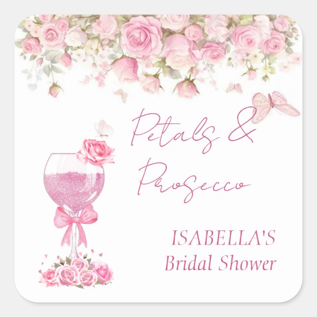 Rosa Blumenblätter und Prosecco-Brautparty Quadratischer Aufkleber (Vorderseite)