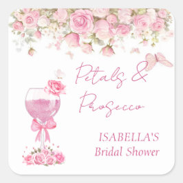 Rosa Blumenblätter und Prosecco-Brautparty Quadratischer Aufkleber
