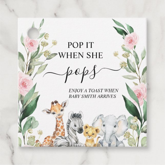 Rosa Blumenblättersafari Pop It Baby Dusche Geschenkanhänger (Vorderseite)