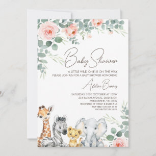 Rosa Blumenblättersafari Wild One Baby Dusche Einladung
