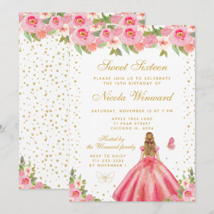 Rosa Blumenblonde Haar Prinzessin Sweet Sixteen Einladung