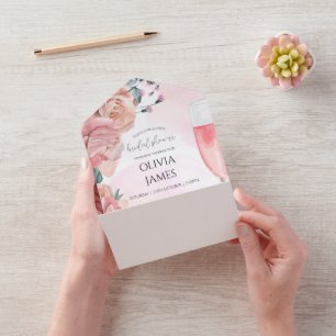 Rosa Blumenblüten & Prosecco Sommer-Brautparty-Ein All In One Einladung