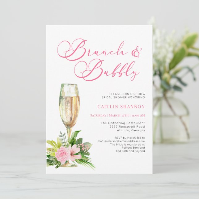 Rosa Blumenbrunch und Bubbly Brautparty Invita Einladung (Stehend Vorderseite)