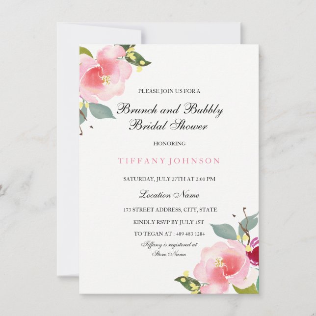 Rosa Blumenbrunch und Bubbly Brautparty laden ein Einladung (Vorderseite)