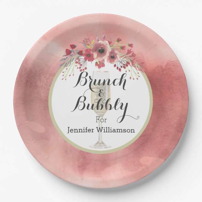 Rosa BlumenBrunch und sprudelnder Polterabend Pappteller (Vorderseite)
