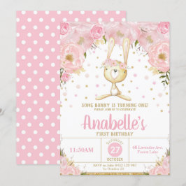 Rosa Blumenbunny 1. Geburtstag Einladung Mädchen