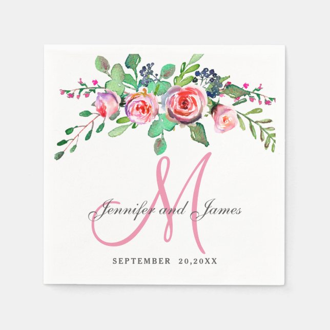 Rosa Blumenchic Elegante Namen Monogram Wedding Serviette (Vorderseite)